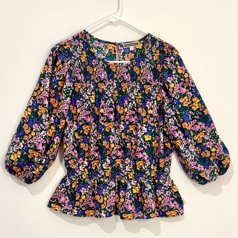 Pleione Green Floral yellow, purple, pink peplum 3/4 sleeve Blouse women size M